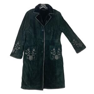 Nwot BRANDON THOMAS Coat L Suede Leather Vintage Floral-Appliqué Black Faux-Fur